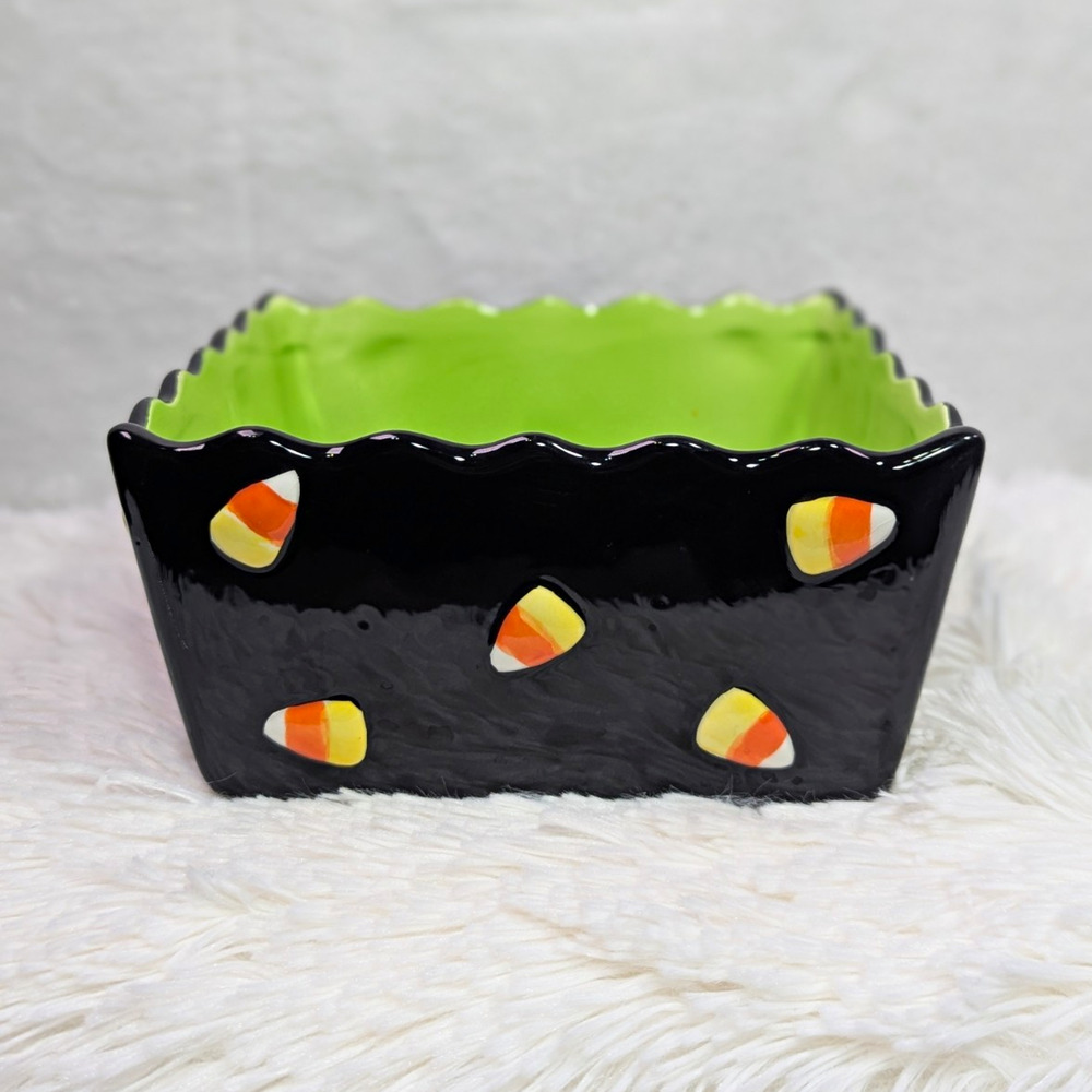 Retired 2012 Ganz Halloween Candy Corn Ceramic Bowl Square Dish Black Green 6"